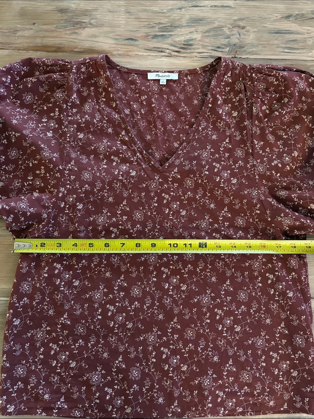 Madewell Burgundy Floral V-Neck Puff Sleeve Top - Picture 4 of 5